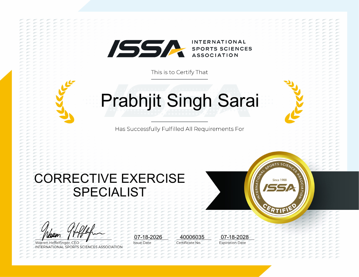ISSA Corrective Exercise Specialist certificate for Prabhjit Singh Sarai
